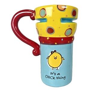 EUC Unique Colorful 12 oz Mug, “It’s a Chick Thing” Latte Mug Yellow/Blue/Red